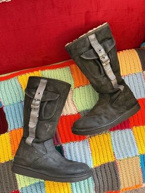 UGG Black Suede Mid-Calf Winter Boots with Shearling Trim